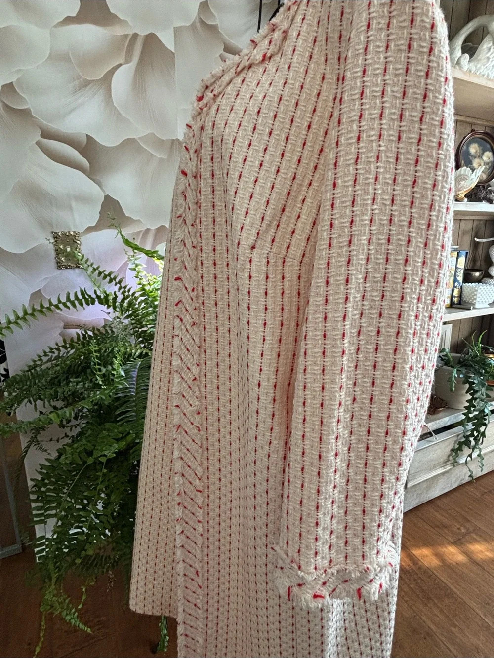 Anne Klein Soft Pink Textured Long Coat with Subtle Red Accents - Picture 8 of 16